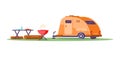 Vintage camping trailer at halt outdoor summer barbecue picnic isometric vector illustration