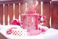 Vintage Candle Lamp with Heart, Hot Cup of Tea on the Snow