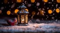 Vintage Candlelit Lantern with Christmas Ornaments on Snowy Surface Royalty Free Stock Photo