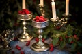 Vintage Candlesticks with Red and White Candles and Greenery Royalty Free Stock Photo