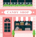 Vintage candy shop, confectionery house building facade vector illustration. Cartoon European city street with building