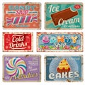 Vintage candy shop metal signs with rusty texture. Vector set