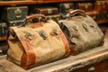 Vintage Canvas and Leather Travel Duffle Bags Displayed in Antique Shop Setting