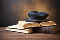 Vintage cap on stack of old books on wooden table over brown background with lots of empty space Royalty Free Stock Photo