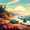 Vintage car adorned with colorful flower decals, driving down a sunlit coastal road Royalty Free Stock Photo