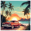 Vintage car on the beach with palm trees and sunset. Watercolor style. Design of greeting cards, posters, patches, prints on Royalty Free Stock Photo