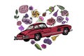 Vintage car and beautiful blooming flowers - vector