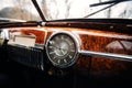 Vintage car brown marble dashboard with retro gauges Royalty Free Stock Photo