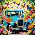 Vintage car classic travel natural blossom beauty colorful blue orange yellow