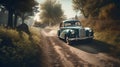 A vintage car cruising down a winding country road Hyper- one created with generative AI