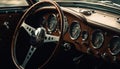 Vintage car dashboard chrome, speedometer, steering wheel, elegance, leather, shiny generated by AI