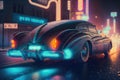 vintage car, decked out with led lights, cruising down futuristic city street