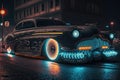 vintage car, decked out with led lights, cruising down futuristic city street