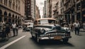 Vintage car driving through crowded city street, a nostalgic scene generated by AI