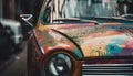 Vintage car driving through Cuban city, rusty wheel and elegance generated by AI