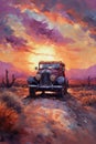 Vintage Car Driving on Desert Road. Perfect for Travel Posters. Royalty Free Stock Photo