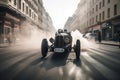 A vintage car driving down a city street. AI generative image