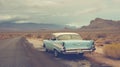 Vintage car driving on an empty desert road, AI-generated. Royalty Free Stock Photo