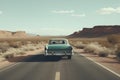 Vintage car driving in the middle of desert road. Generate ai Royalty Free Stock Photo
