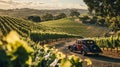 Vintage Car Driving Through Rolling Hills of Vineyards at Sunset Royalty Free Stock Photo