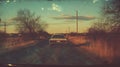 Vintage Car Driving on a Rural Road at Sunset Royalty Free Stock Photo
