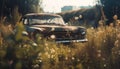 Vintage car driving through rustic meadow sunset generated by AI