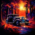 Vintage car engulfed in vibrant flames in a lush mystical forest