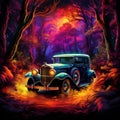 Vintage car engulfed in vibrant flames in a lush mystical forest