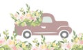 Vintage car with flowers. Engraving style.