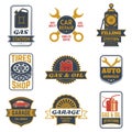 Vintage car gasoline station badges, retro fuel labels. Automobiles gas station, garage and auto repair service stickers Royalty Free Stock Photo