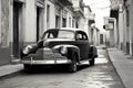 Vintage Car In Havana, Cuba,  Black And White Image