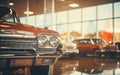 Vintage car headlight closeup view inside a specialized car dealership or an old cars museum Royalty Free Stock Photo