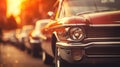 Vintage car headlights with beautiful blurred bokeh effect of vibrant sunset in the background Royalty Free Stock Photo