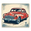 Detailed Character Design Stamp With Old Red Car Illustration