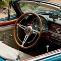 Vintage Car Interior Wooden and Steel Steering Wheel in Cabriolet Royalty Free Stock Photo