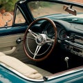 Vintage Car Interior Wooden and Steel Steering Wheel in Cabriolet Royalty Free Stock Photo