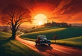 Vintage car journey at sunset, with glowing hillside roadscape Royalty Free Stock Photo