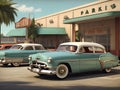 A vintage car park at the front of the diner in 1950s