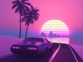 Retro Futurism Sunset with Classic Car Royalty Free Stock Photo