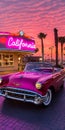 vintage car parked front building neon sign \