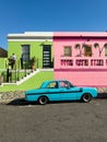 Colourful houses and vintage car in the historic Bo-Kaap neighbourhood of Cape Town Royalty Free Stock Photo