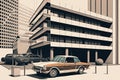 vintage car parked in stylish and modern parking lot, surrounded by modern buildings