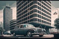 vintage car parked in stylish and modern parking lot, surrounded by modern buildings