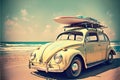 Vintage car parked on the tropical beach seaside, business, transportation Royalty Free Stock Photo