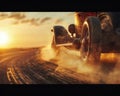 Vintage car rally, dust trail, wide shot, sunset backlight , ultra HD