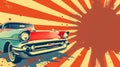 Vintage car with retro sunburst background