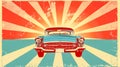 Vintage car with retro sunburst background