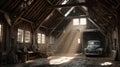 Vintage Car in Rustic Barn with Sunlight Streaming Through Windows Royalty Free Stock Photo