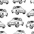Vintage car seamless pattern, black and white retro cartoon background, coloring book, monochrome drawing. cars on a . For the Royalty Free Stock Photo