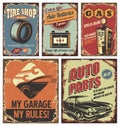 Vintage Car Service Tin Signs And Posters On Old Rusty Background